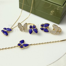Van Cleef Arpels két pillangós nyaklánc/fülbevaló/gyűrű sárgaarany gyémántokkal és lápisz lazulival